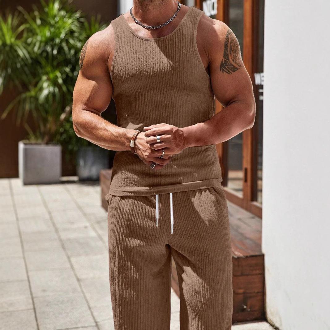 

Men s Beige Sleeveless Muscle Fit Top with Wide Leg Pants, Casual Streetwear Outfit for Gym and Daily Wear XXXL