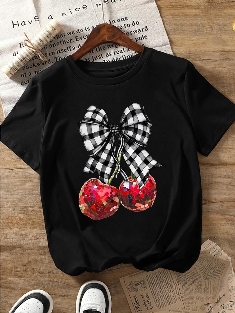 Black and White Checkered Bow Cherry Print Tshirt Summer Womens Top Short Sleeved Round Neck Casual Fashion Womens Clothing