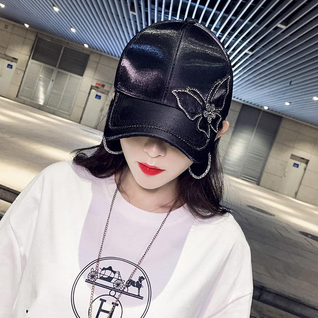 Fashion Women Rhinestone Butterfly Baseball Hat, Shiny Satin Sun Cap with Crystal Brim Decoration, Adjustable Elegant Casual Peaked Visor Hat