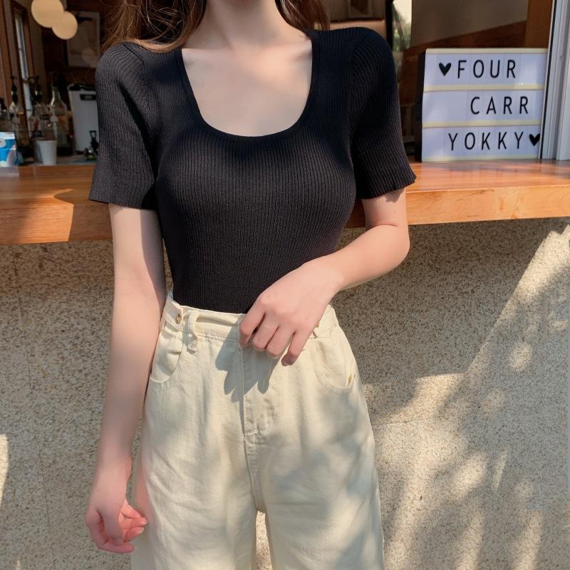 

Spring and Summer Knitted Short-sleeved T-shirt Square Neck Slim Thin Yankee Inner Tops Casual Essential Comfort and Style Slim Fit Pullovers Tees One Size чорний