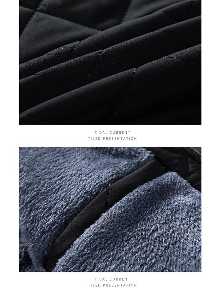 2024 Winter Men's Solid Color Quilted Stand Collar Cotton Jacket with Velvet Lining