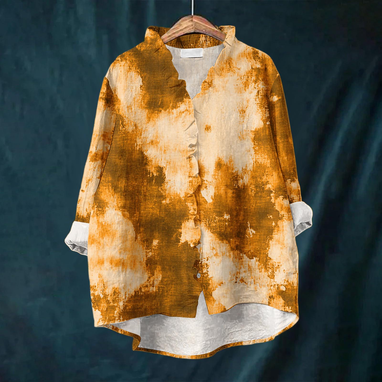 

Женский свободный топ с оборками, цветочным принтом, воротником-стойкой и длинными рукавами из хлопка и льна L