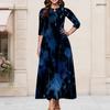 Women Plus Size Round Neck Keyhole 3 4 Sleeve Long Dress Watercolor Striped Print Green Yellow