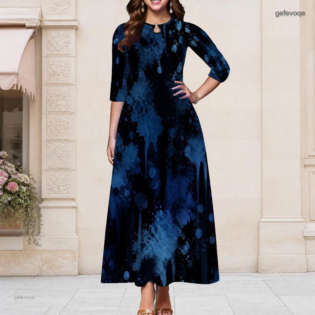 Women Plus Size Round Neck Keyhole 3 4 Sleeve Long Dress Watercolor Striped Print Green Yellow