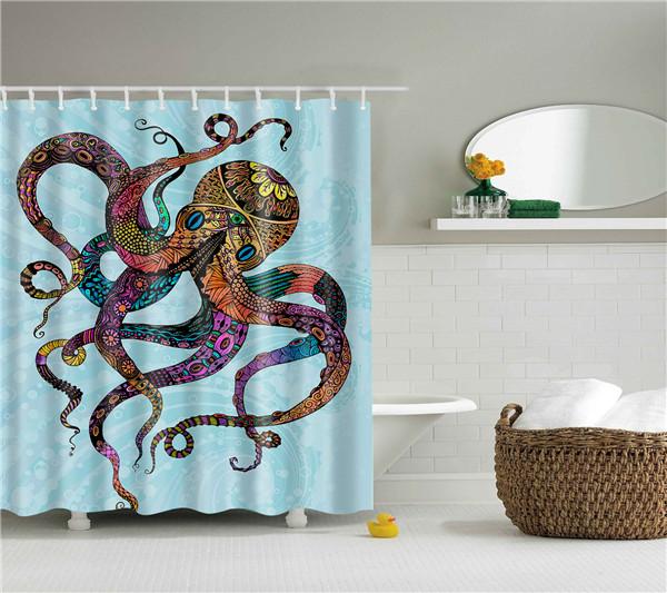 Mediterranean Animals Octopus Bathroom Shower Curtains Frabic Waterproof Polyester Bath Curtain With Hooks