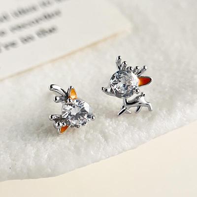 925 Sterling Silver Asymmetrical Elk Zircon Stud Earrings – Simple Sweet Christmas Gift for Women