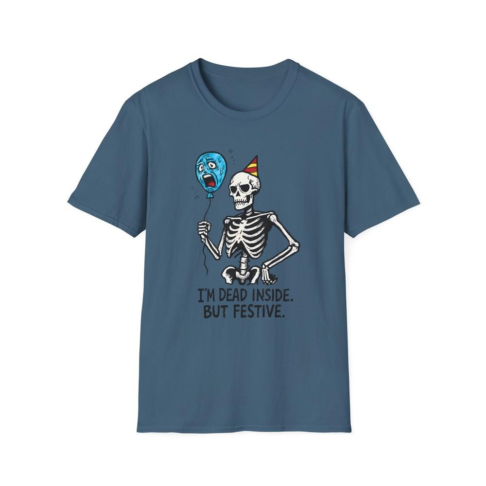 

Unisex Softstyle T-Shirt Cocky Skeleton Party Hat Balloon Halloween Humor Fall XL