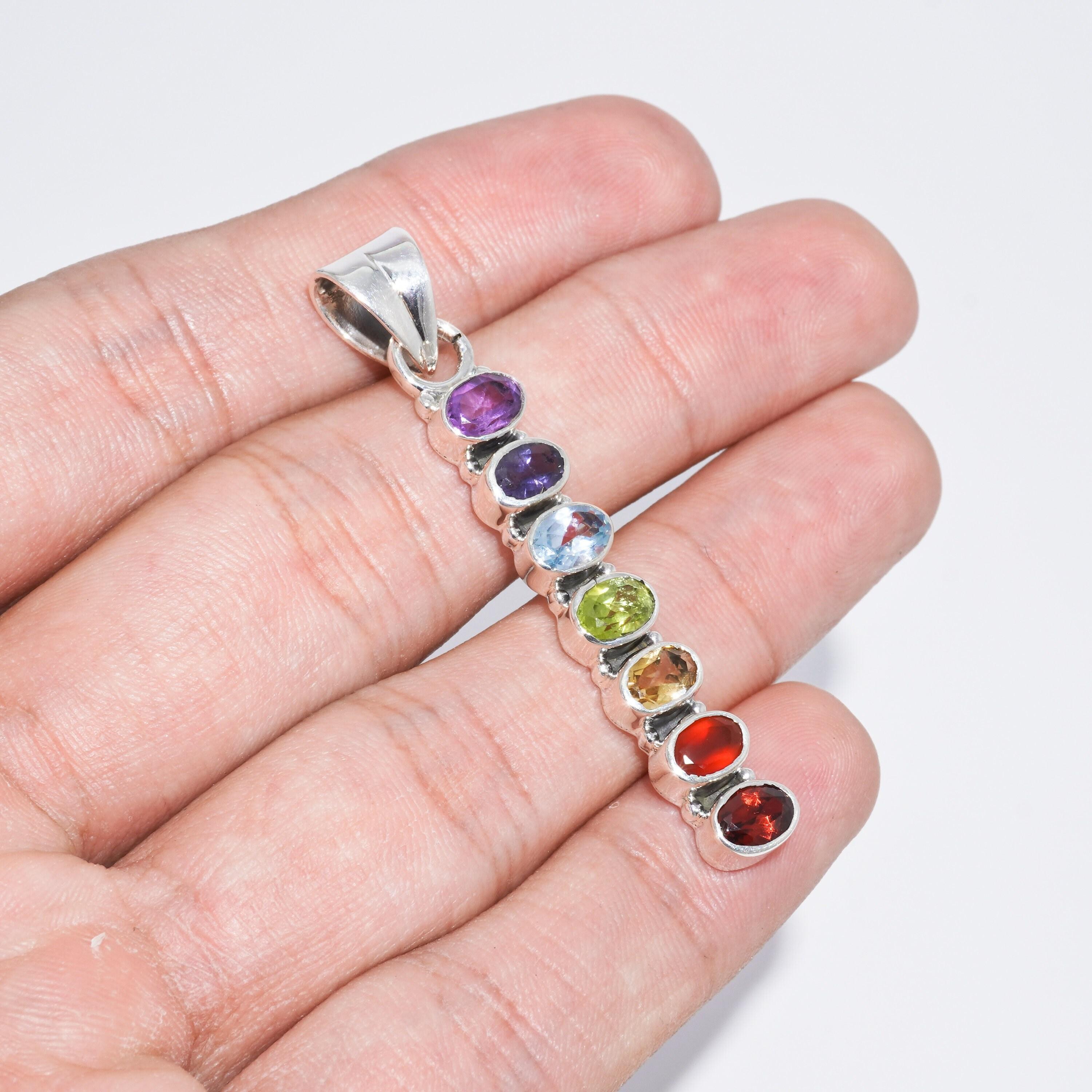 Handmade 925 Sterling Silver Chakra Pendant: Multi-Gemstone Yoga Jewelry onesize серебряный