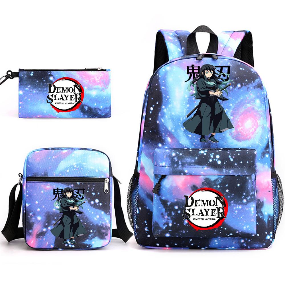 3Pcs/set Anime Demon Slayer Printed Backpack with Shoulder Bag Pencil Case for Teenager Student Boy Girl Large Capacity Waterproof Schoolbag