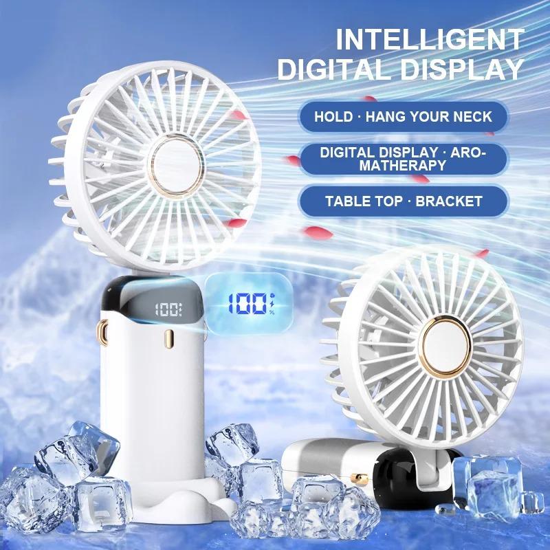 Portable Handheld Mini Fan Foldable Neck Hanging Fans 5 Speed USB Rechargeable Fan with Phone Stand and Display Screen 1500mAh