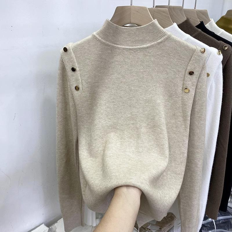Temperament simple casual semi-turtleneck shoulder buckle design autumn and winter new solid color thin thick bottoming shirt