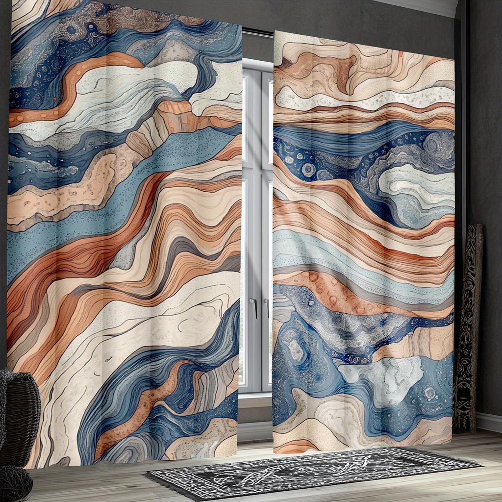 2pc Marble wave pattern curtains, polyester fabric, machine washable, suitable for living room/bedroom decoration