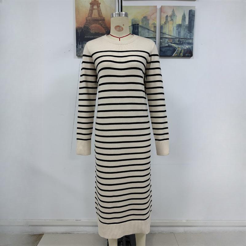 

IHUASU осень и зима тонкий многоцветный женский трикотаж полосатые длинные модные платья L абрикосовый