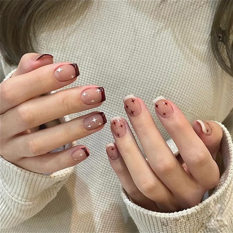 Mandarin Duck Two-Tone Brown & White Starry French Nail Stickers JP2626 [Glue Type]