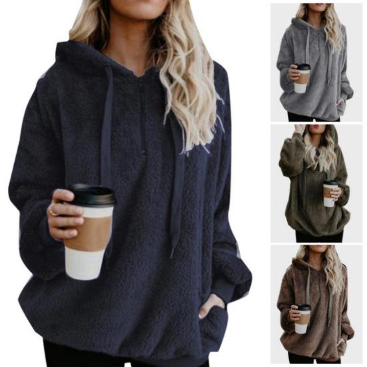 Damen Plus Size Flauschiges Kapuzensweatshirt Winter Einfarbig 1/4 Reißverschluss Kapuzenpullover