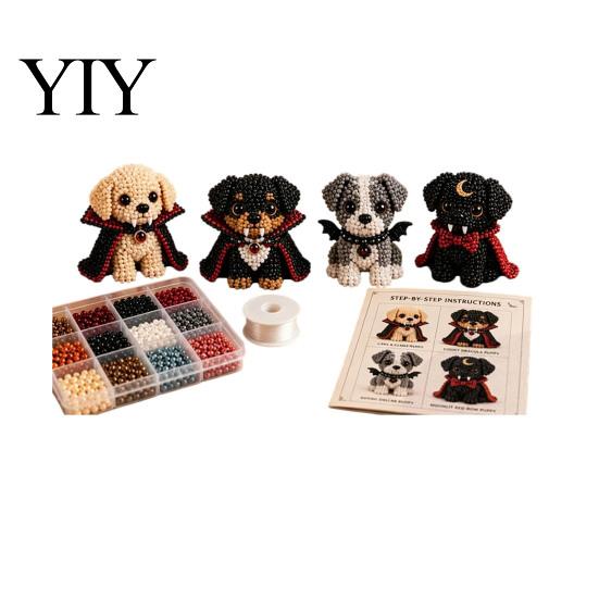Bastelset für Teenager und Erwachsene Halloween Hund Perlenkunst-Set, DIY 4 Perlen-Hundefiguren, 3D-Stickerei Starter-Kit Basteln für Teenager, Feiertagsdekoration