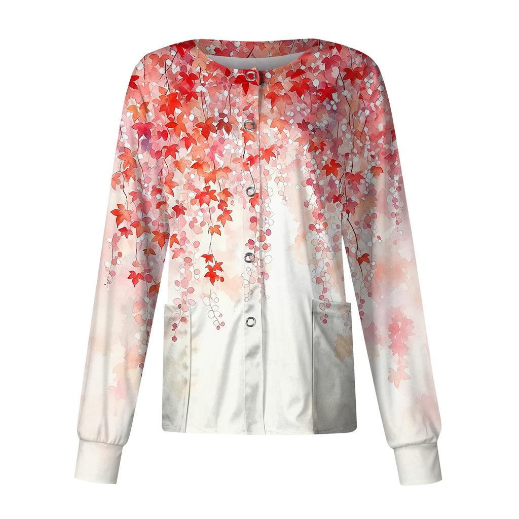 Women's Long Sleeve Single Breasted Leaf Print Cardigan for Work Uniform