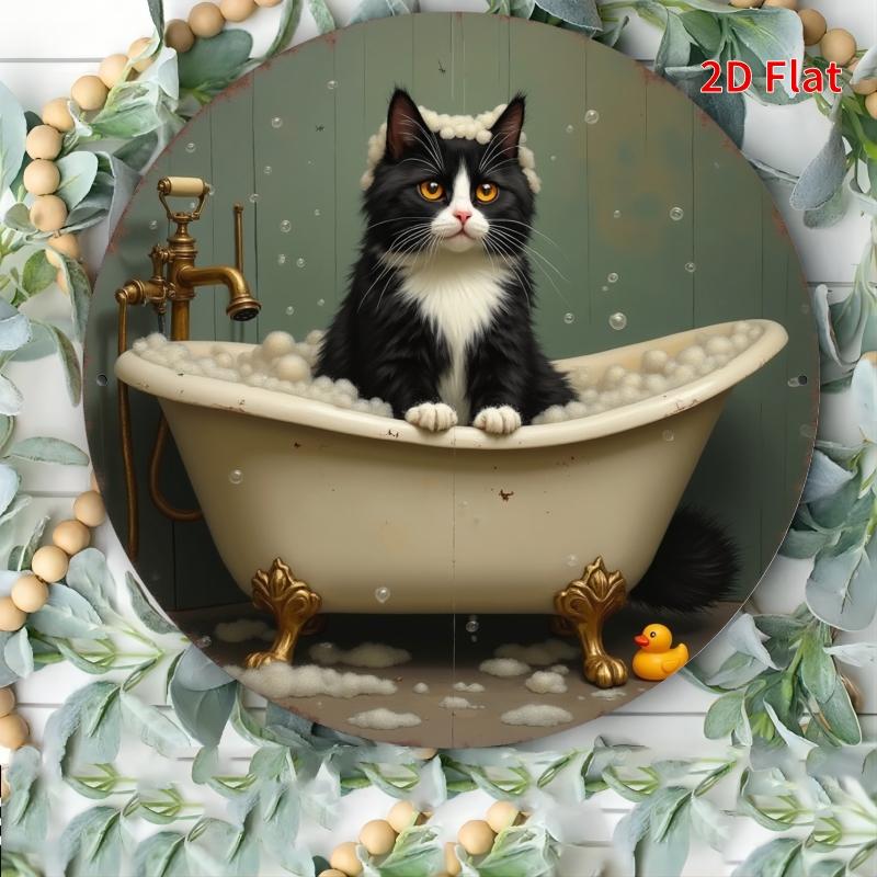 HD Tin Sign Tuxedo Cat In Bathtub Round Metal Wall Art Funny Bathroom Decor