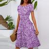 Women's Casual Fashion Round Neck Pleated Short Sleeve Floral Print A-Line Midi Dress