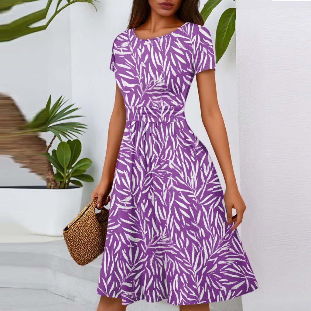 Women's Casual Fashion Round Neck Pleated Short Sleeve Floral Print A-Line Midi Dress