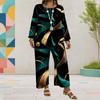 Women Plus Size Printed Round Neck Long Sleeve Layered Top Wide Leg Cropped Pants Two Piece Set