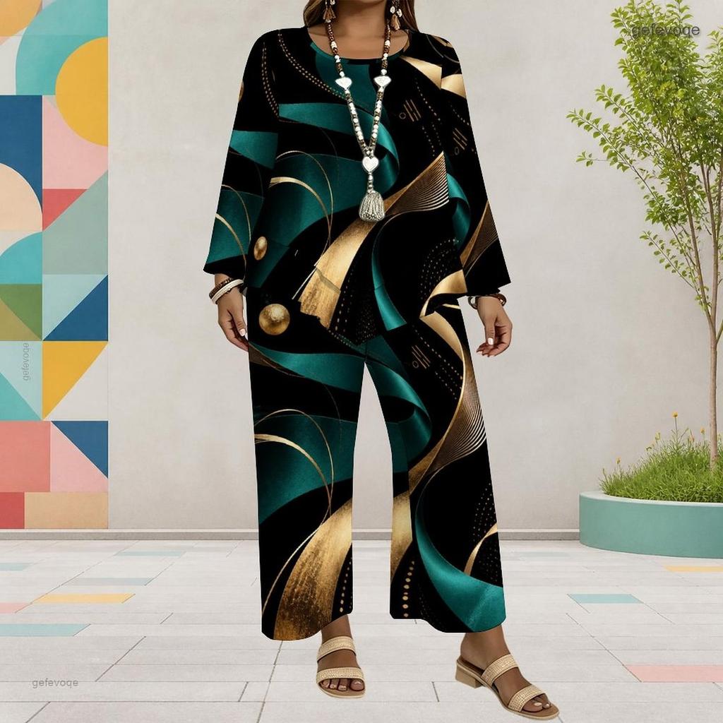 Women Plus Size Printed Round Neck Long Sleeve Layered Top Wide Leg Cropped Pants Two Piece Set