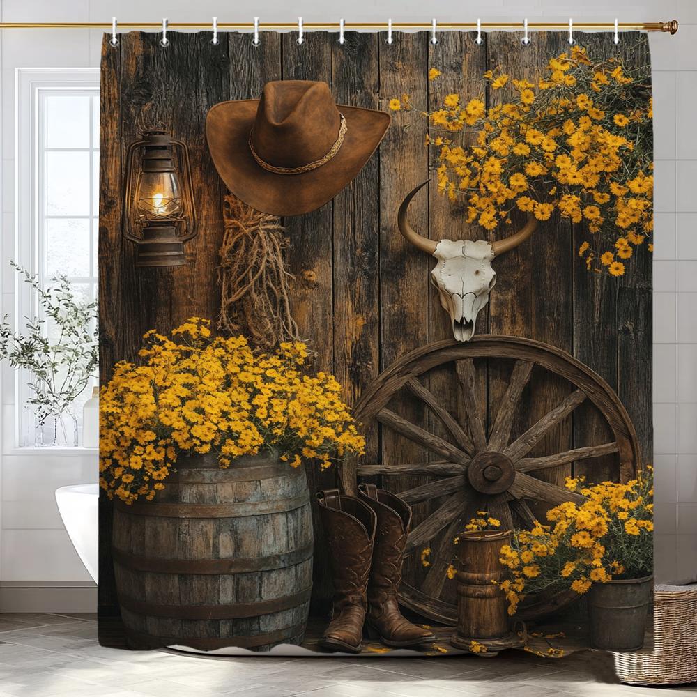 Flower Scenery Of Rural Farmhouse Shower Curtain, Bathroom Decorative Shower Curtain, Home Decorative Curtain With Hooks