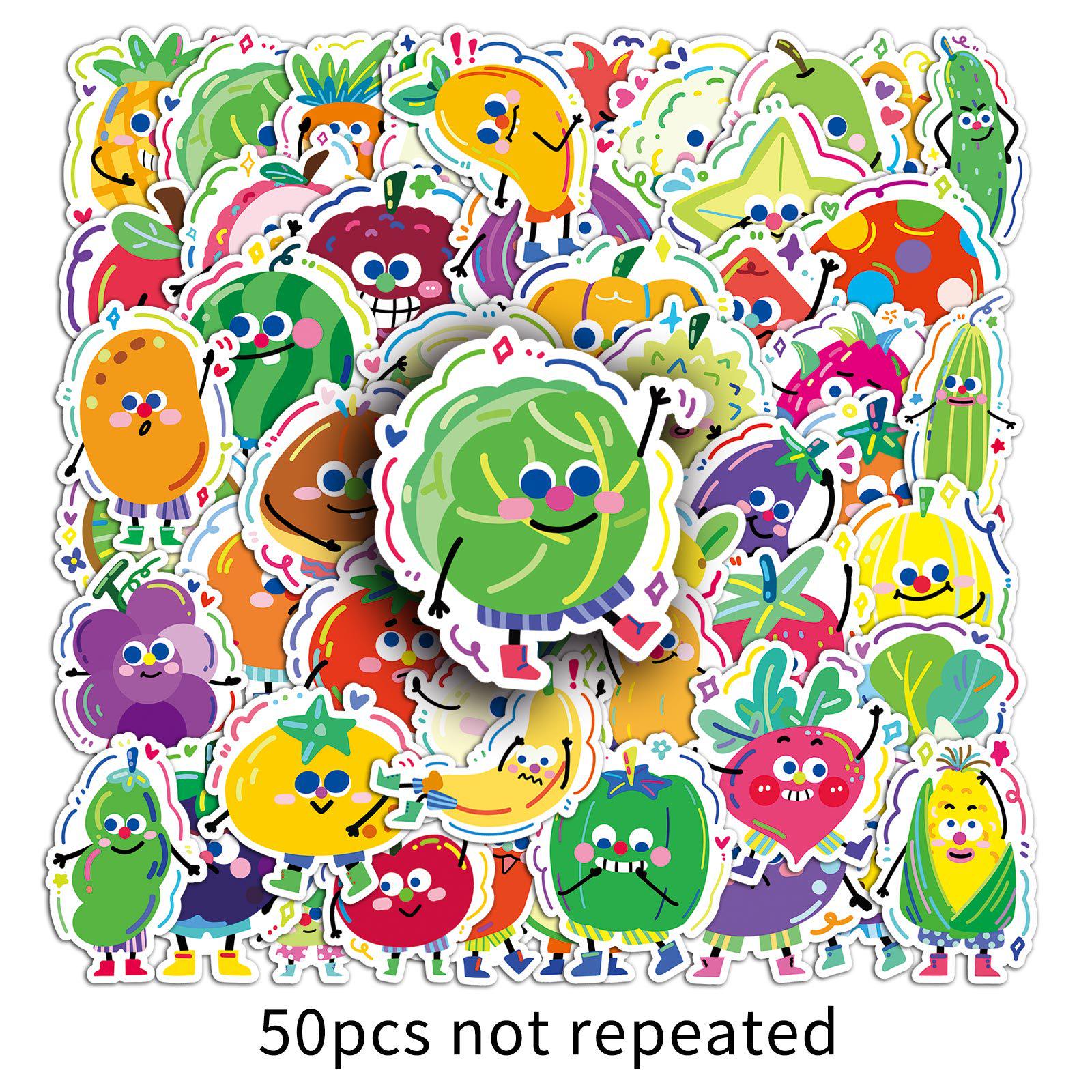50 Original Cute Cartoon Waterproof Fruit & Vegetable Graffiti Stickers for Journal Decor (50 Sheets)