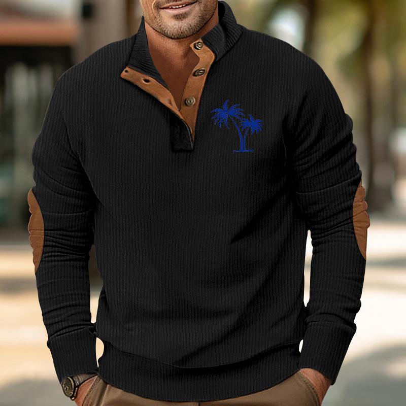 Autumn/Winter Men's Coconut Tree Print Casual Stand-Up Collar Long-Sleeved T-Shirt with Ribbed Corduroy Hoodie