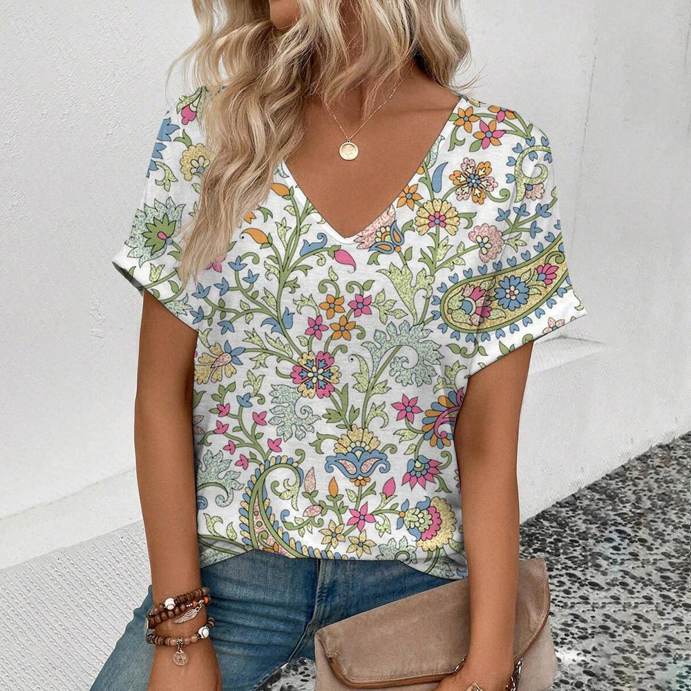 Summer V-neck 3D Floral Pattern Printed Top Fashionable Casual Short Sleeved Women's T-shirts