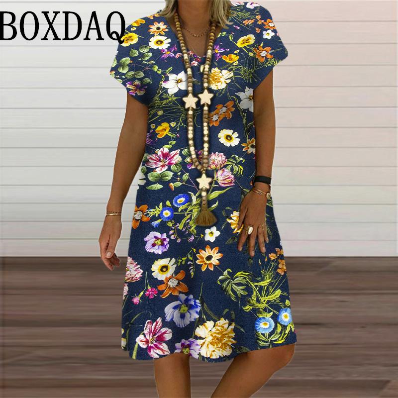 3D Butterfly Pattern Dress For Summer 2024 Women Clothes Oversized Fashion Short Sleeve Flower Print Dress Casual V-Neck Dresses
