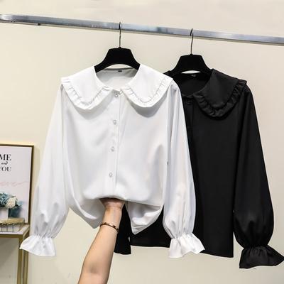 Spring Autumn Doll Neck Black Shirt Tops Solid Color Long Sleeve Loose All-match Youth Blouse Sweet Women Clothing