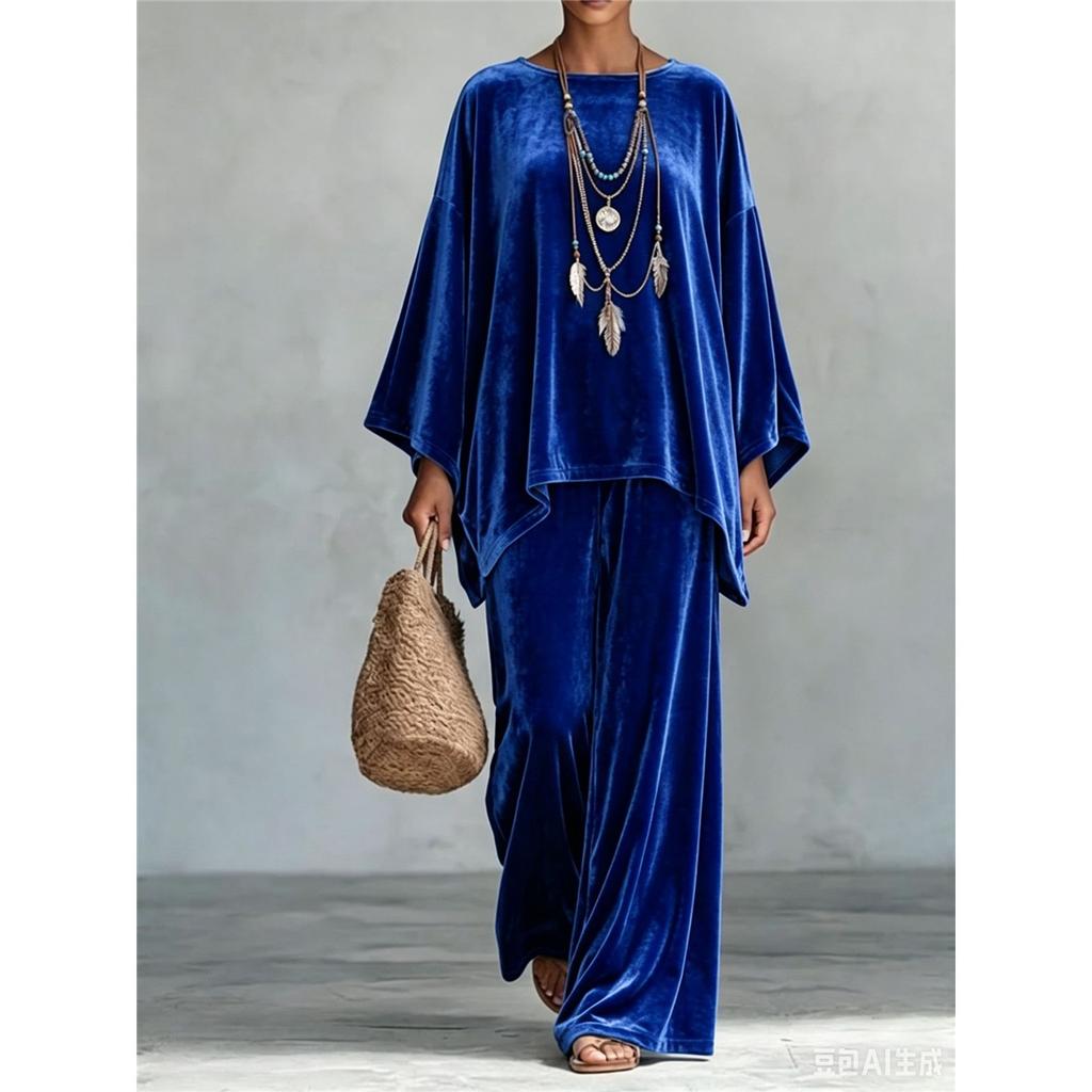 Women Velvet 2‑Piece Outfit Loose Batwing Long‑Sleeve Top High‑Waist Wide‑Leg Long Pants Casual Suit Set