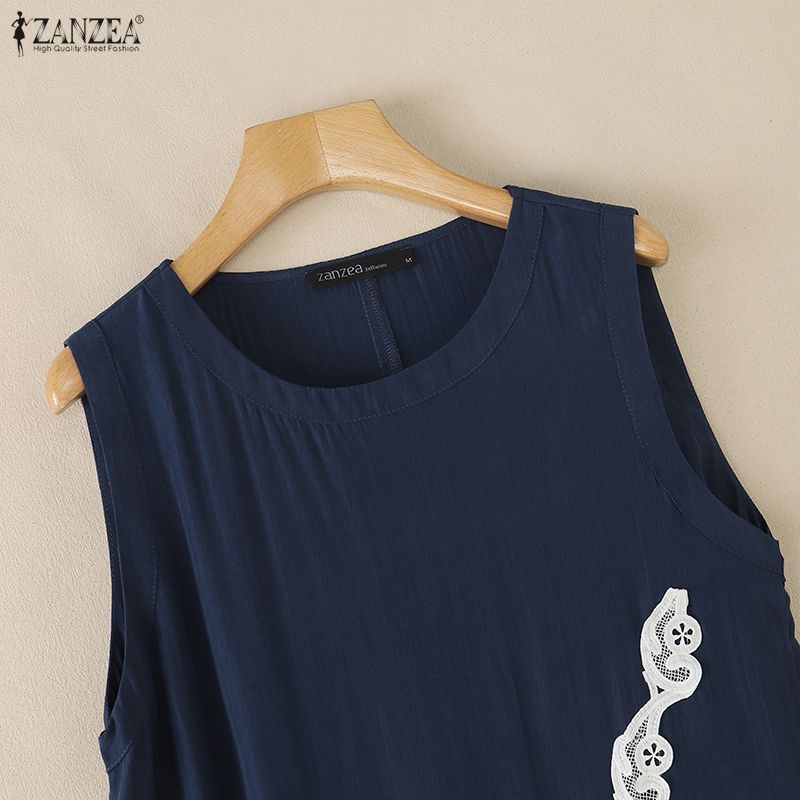ZANZEA Women Casual Round Neck Lace Splice Sleeveless Tank Tops