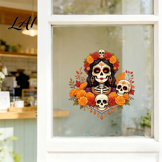 Unique Gift for Mexican Culture Fans Day of The Dead Window Clings Dia De Los Muertos Sticker Colorful Home Decor Sugar Skull with Flowers Halloween