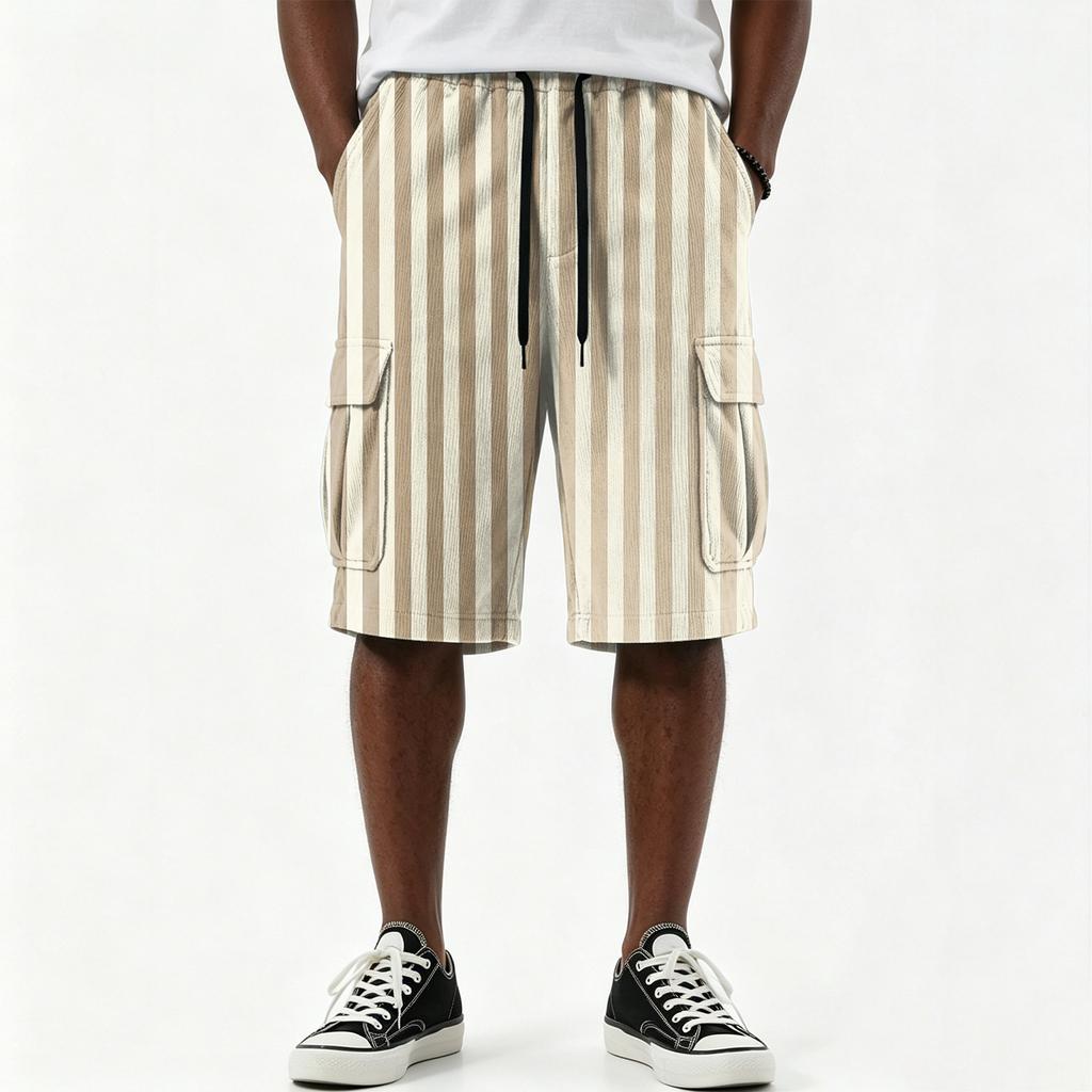 Men's Casual Striped Print Drawstring Shorts with Multiple Pockets Knee Length