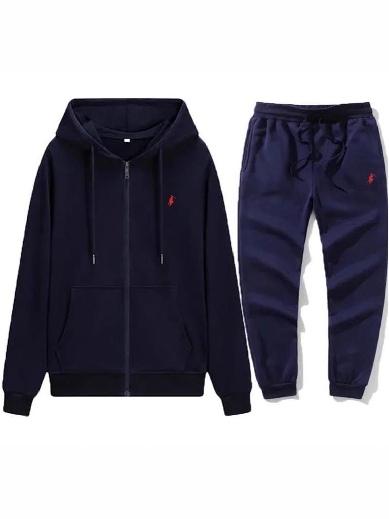 Unisex Polo Embroidered Velvet Hoodie & Pants Set - Trendy Spring/Autumn Style