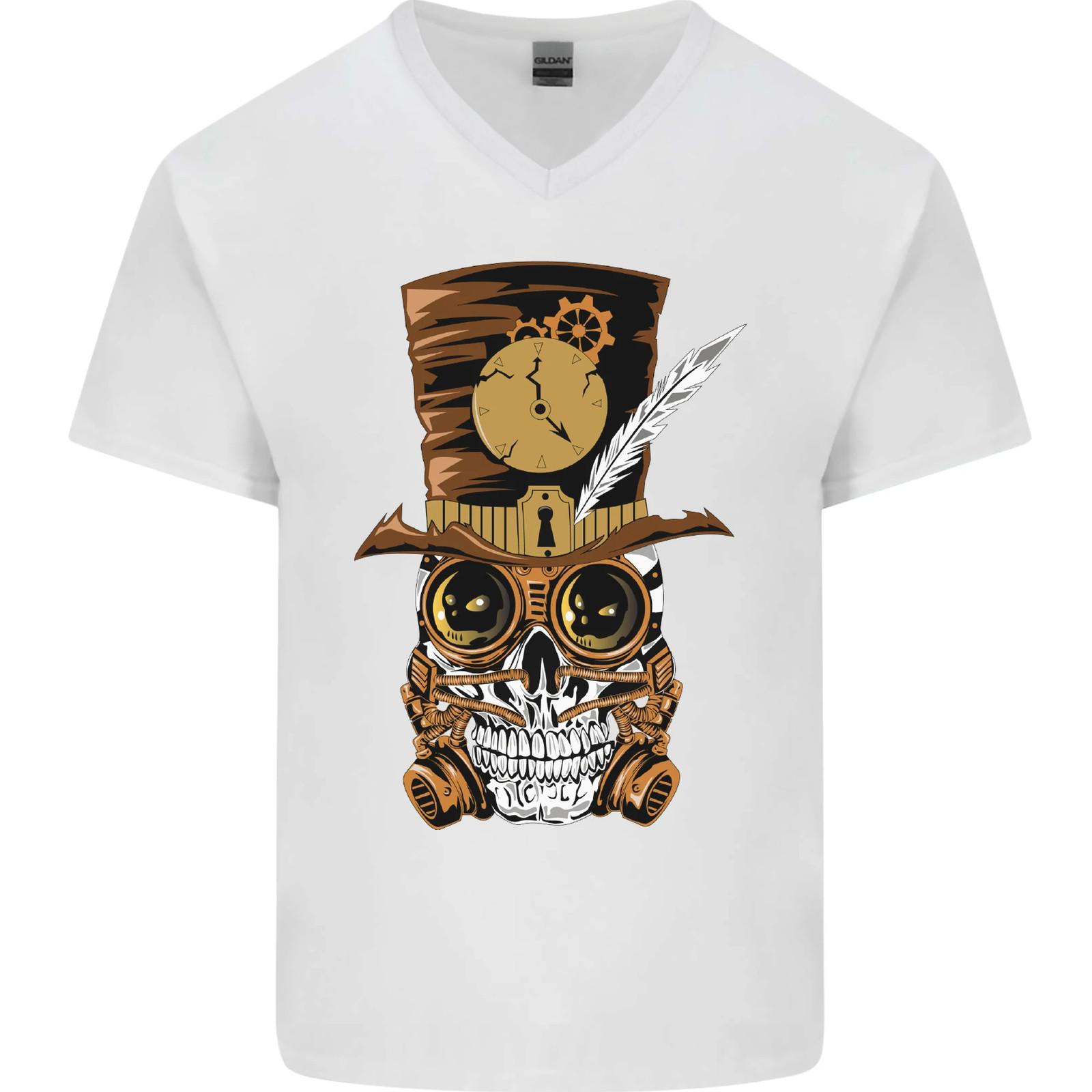 Steampunk Skull Mens V-Neck Cotton T-Shirt S