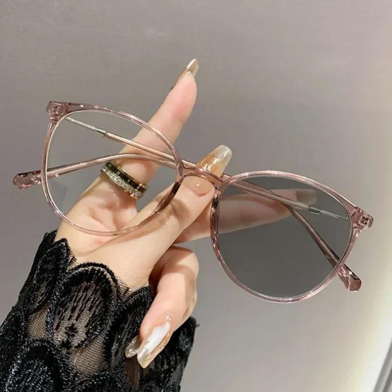 Fashion Light-sensitive Color-changing Retro Large Frame Myopia Glasses Anti-Blue Light Hundred Reduced Degree Eyeglasses