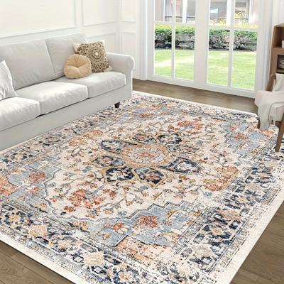 Bohemian Vintage Area Rug Non-Slip Mat with Intricate Floral Pattern, Soft Mat for Living Room, Bedroom, Kitchen, Office Decor