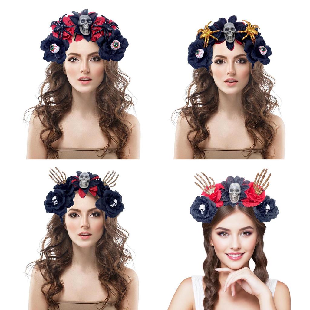 Halloween Theme Headband Day of The Dead Skull Flower Veil Hairband Cosplay Costume Headpiece Women Festival Hair Decors