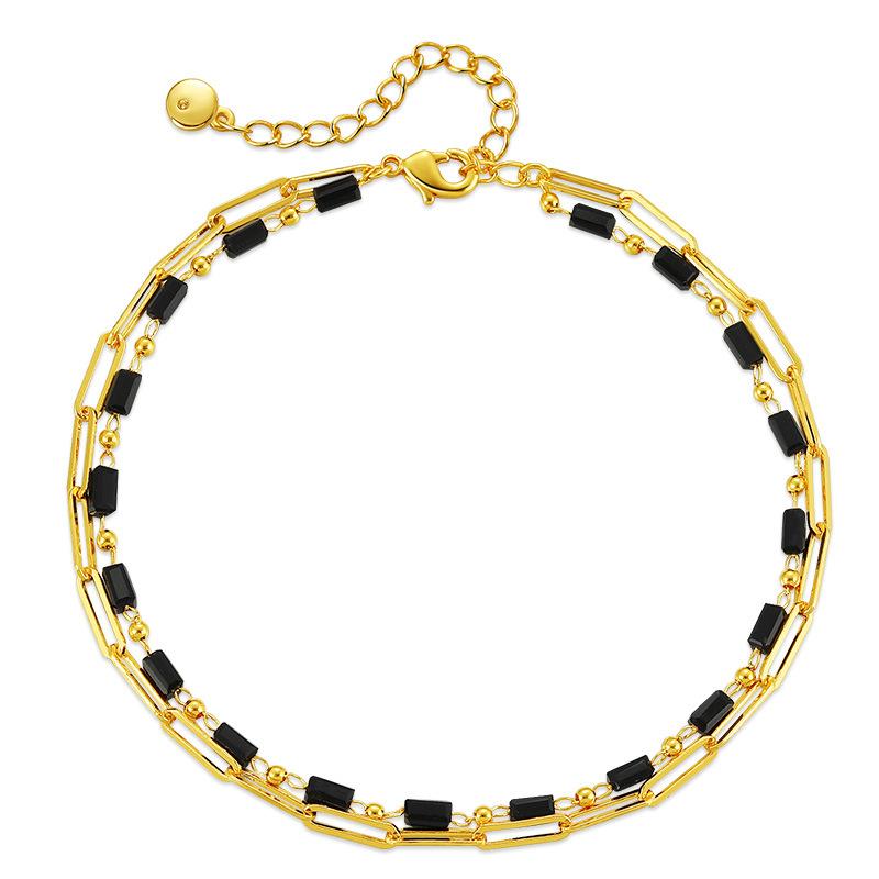 Women 18k Gold Plated Copper Double Layer Anklet With Black Acrylic Bead Extender Design