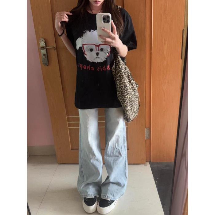 

Удобная футболка с коротким рукавом из чистого хлопка с принтом щенка на спине для женщин и топ с принтом для женщин S