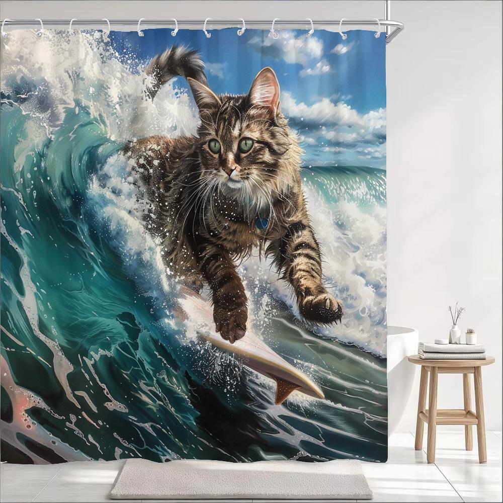 Funny And Creative Surfing Cat Shower Curtain, Bathroom Decorative Curtain, Printed Polyester Fabric Home Curtain With Hooks