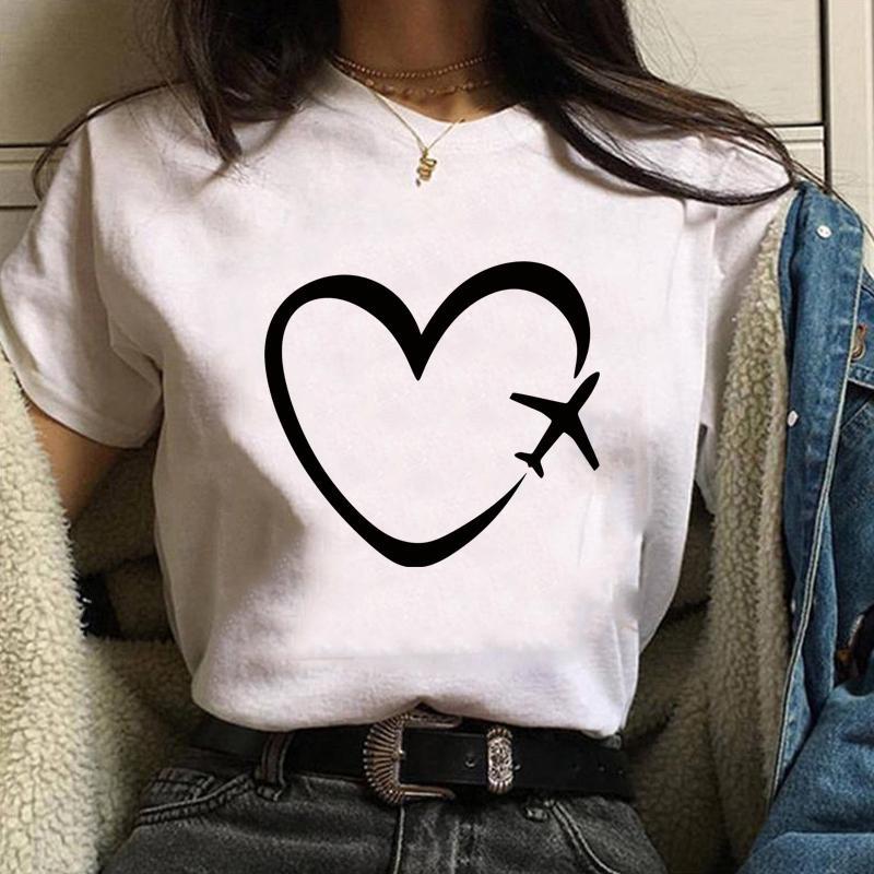 Personalized Creative Airplane Heart Pattern Printed T-Shirt Women's Fashion Shirt Casual Outdoor Women's Round Neck Short Sleev