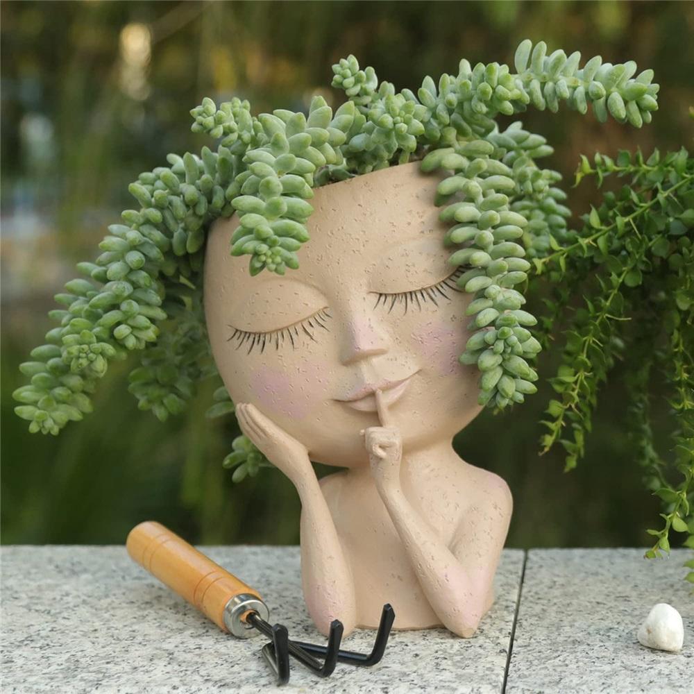 Gezicht Hoofd Planter Vetplant Bloempot Hars Container Met Afvoergaten Bloempot Figuur Tuindecoratie Tafelblad Ornament