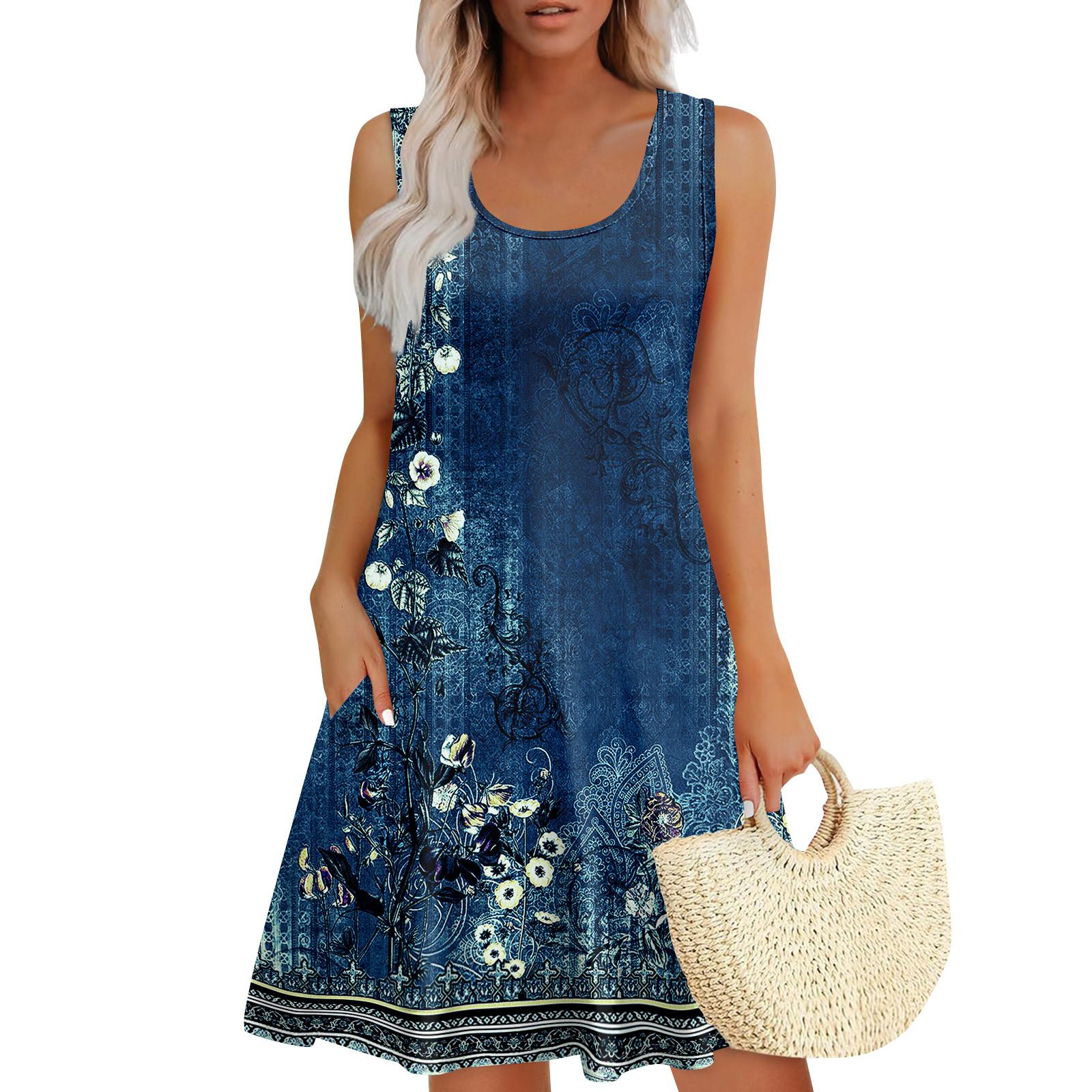 

Женские летние платья, свободные сарафаны без рукавов с U-образным вырезом и карманами XXL