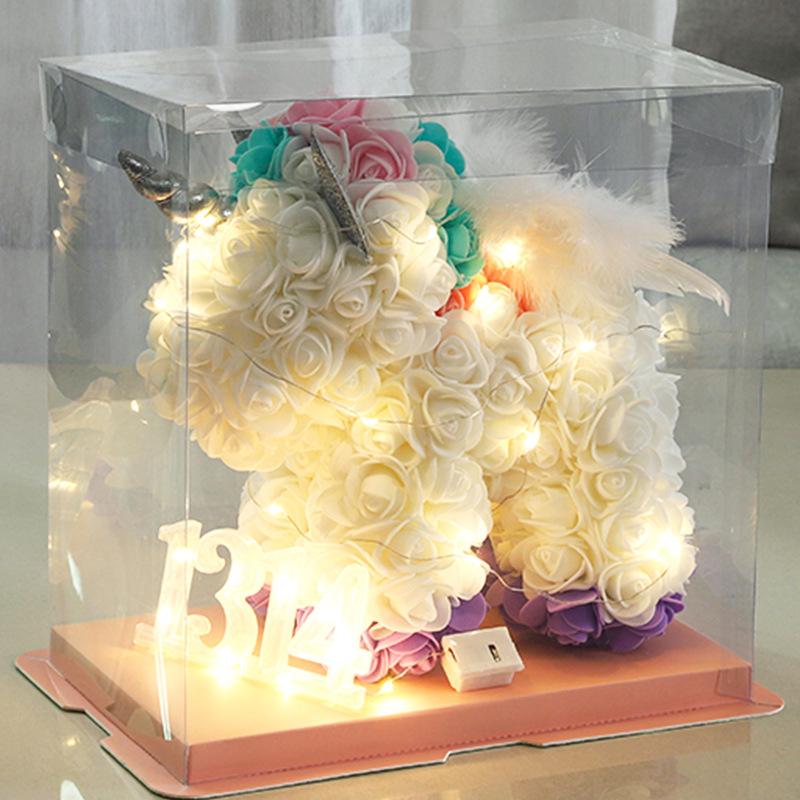 23*23CM Artificial Flower Unicorn with Wings PE Foam Flower Rose Rabbit Valentine's Day Wedding Gift Anniversary Festival Gift Box for Girlfriend