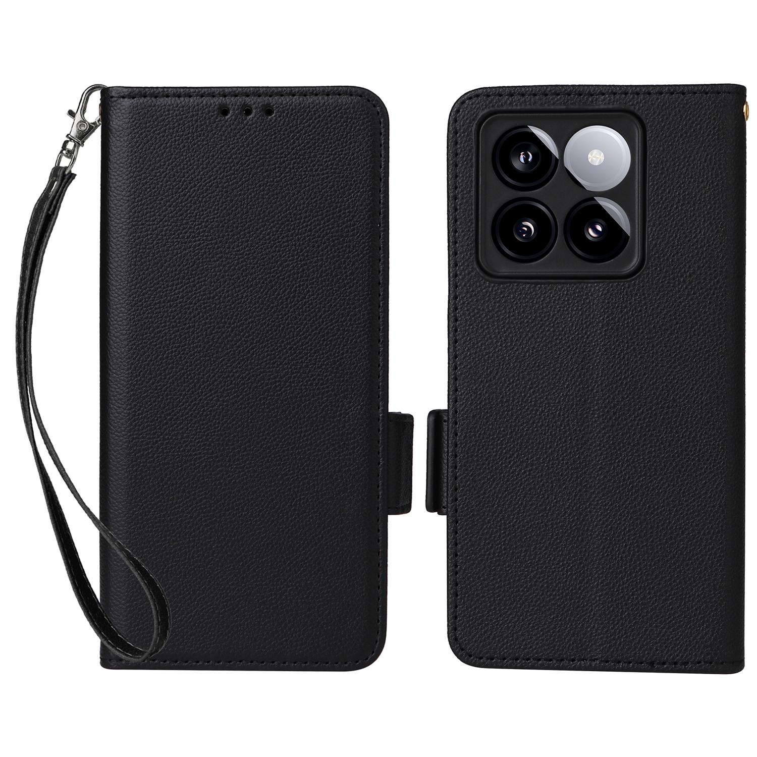 

For Xiaomi 14T Case with Wrist Strap Litchi Texture PU Leather Wallet Phone Cover Black
