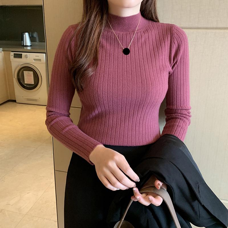Autumn Winter Mock Neck Women Sweater Vintage Basic Solid Knitted Tops Casual Slim Pullover Korean Sweaters Simple Chic Jumpers